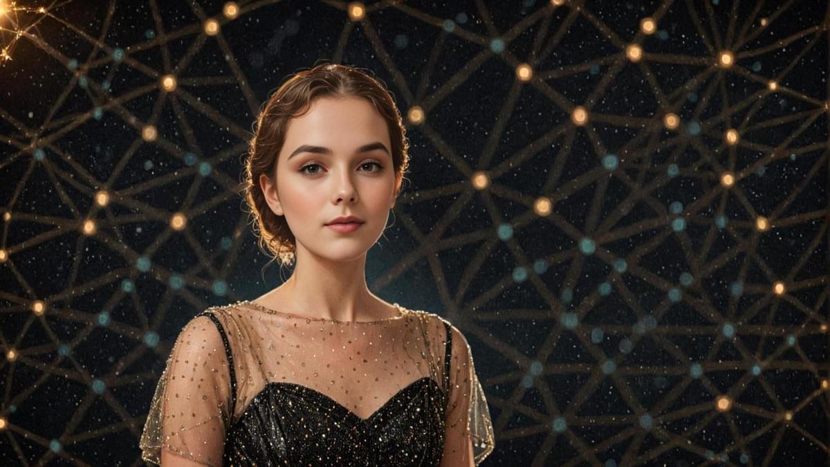  Tangled web of glowing golden threads suspended in darkness.