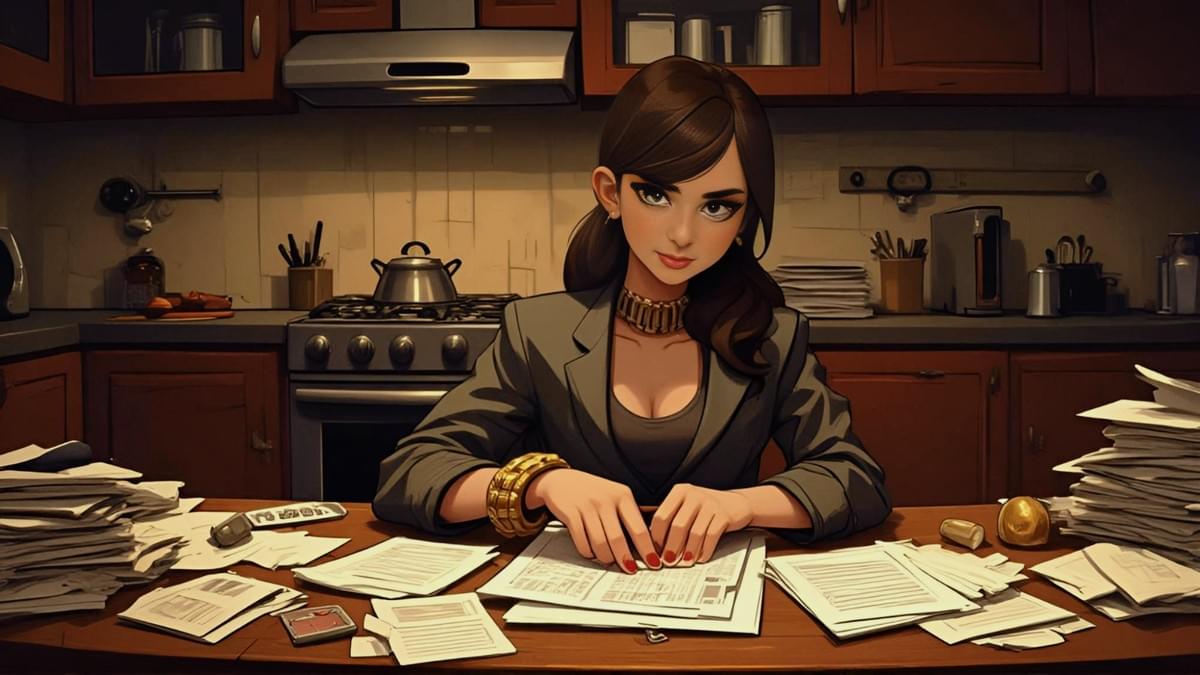 穿著合身灰西裝外套與低胸上衣的成熟美女，棕色長髮盤起，戴金色大項鍊與手鐲。她坐在木桌前專注處理堆積文件，背景為溫暖廚房，木櫥櫃、瓦斯爐與廚具環繞，氛圍專業而誘人。