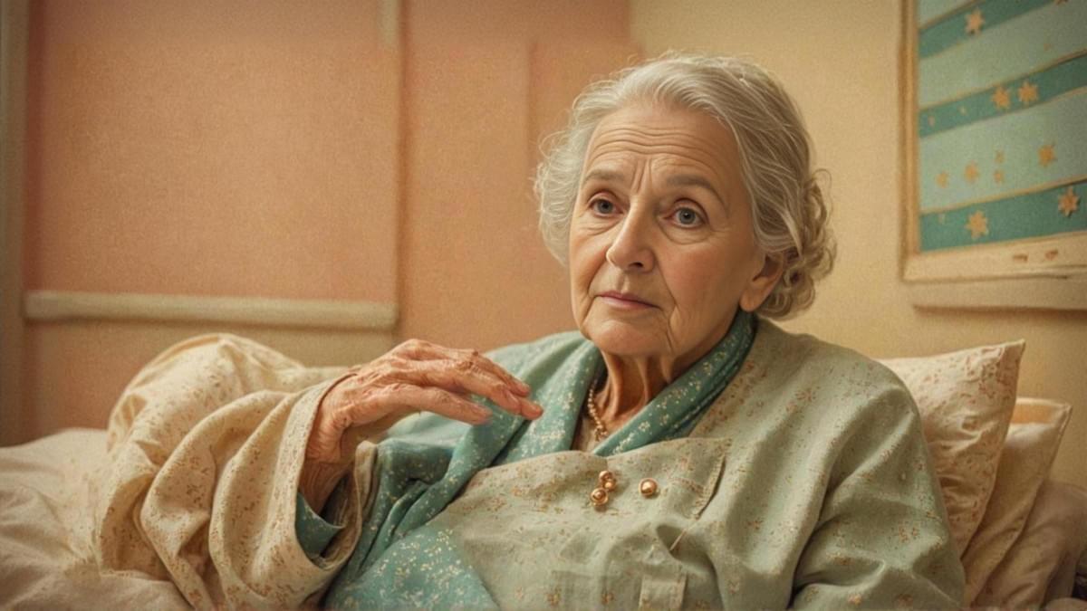 銀白捲髮的年長女性靜靜躺在床上，神情沉思，身穿淡綠花紋上衣