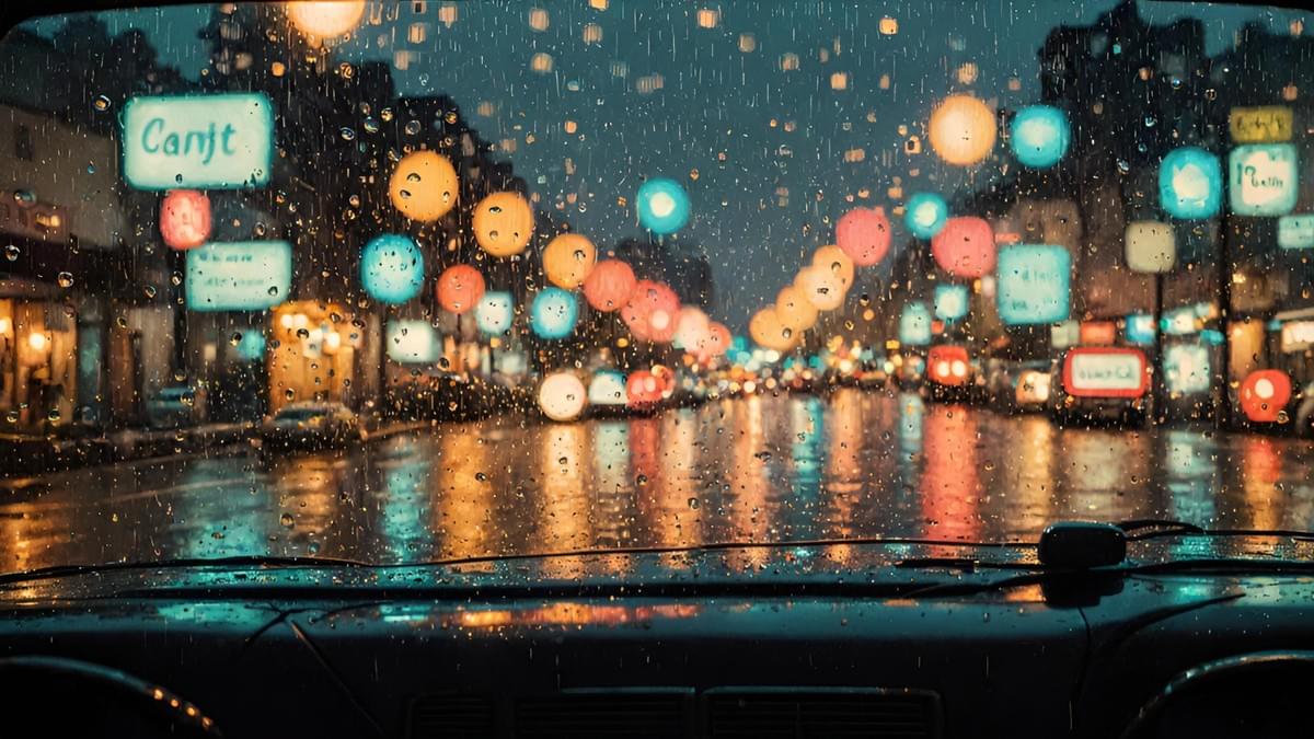 POV through a rainy, misted car window blurring city lights into bokeh.