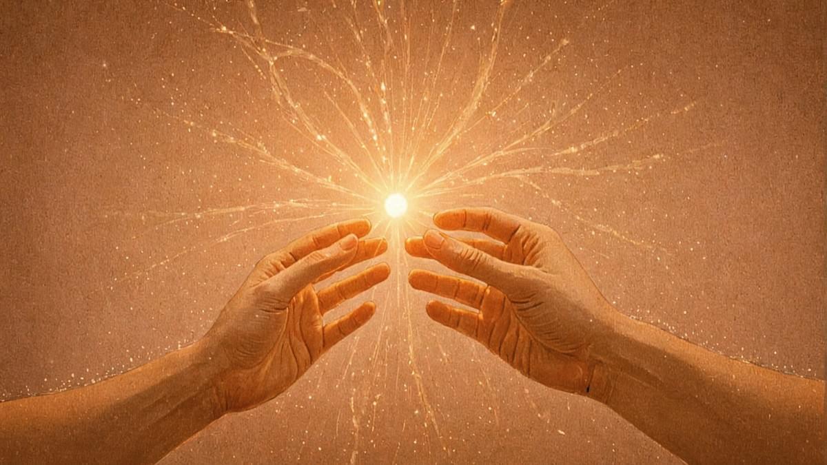 Hands cradle a radiant golden energy orb, emitting glowing particles and neural-like networks against warm tan backdrop—symbolizing creation, power, or connection. 