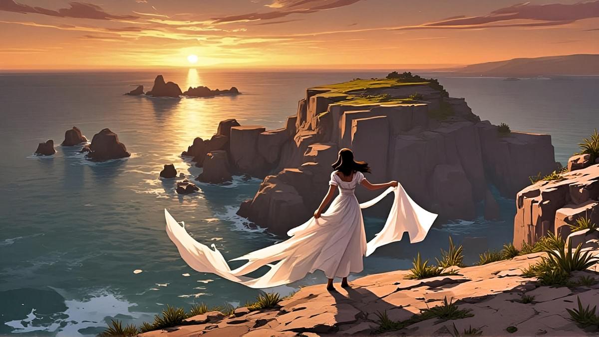 A woman in a flowing silk cape walking toward a sunset on a coastal path.
