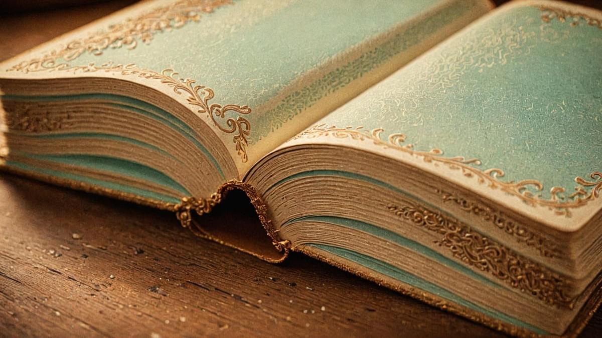 Open luxury hardcover book with completely blank white pages on a dark table.