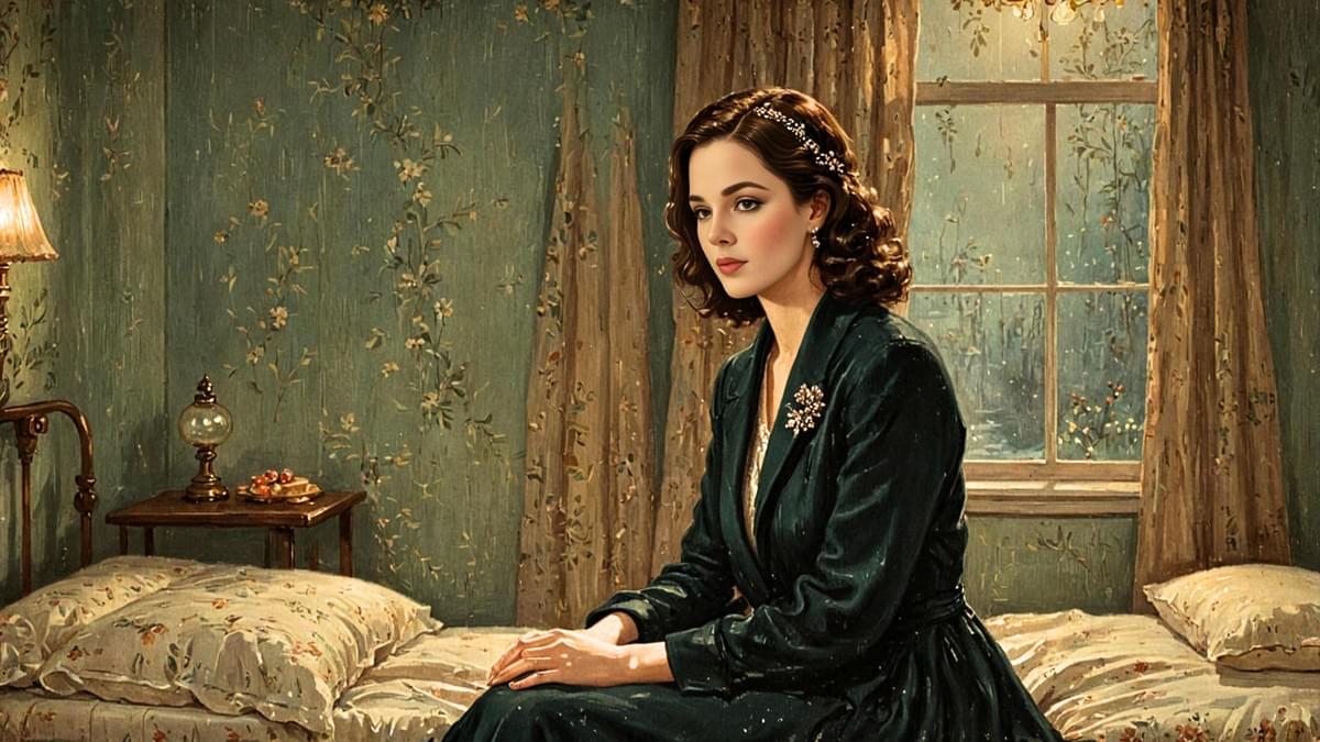 一位身穿深綠色長洋裝、頭戴髮飾的女子坐在雙人床邊，房間帶有復古風格，牆上與窗簾是帶花紋的綠色布料，窗外隱約可見樹影與夜色