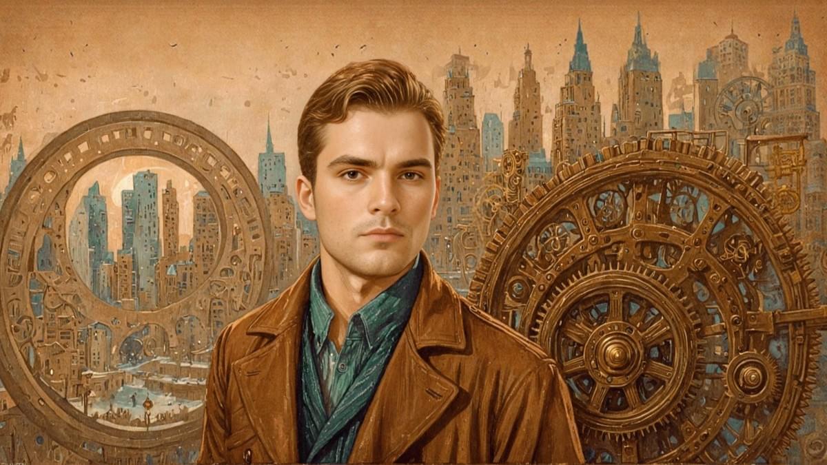 年輕男子凝視前方，棕色風衣綠領巾造型，背景為紐約天際線與巨大齒輪環繞，藍橙色調交織，象徵策略思維驅動影響力資產的機械運轉。