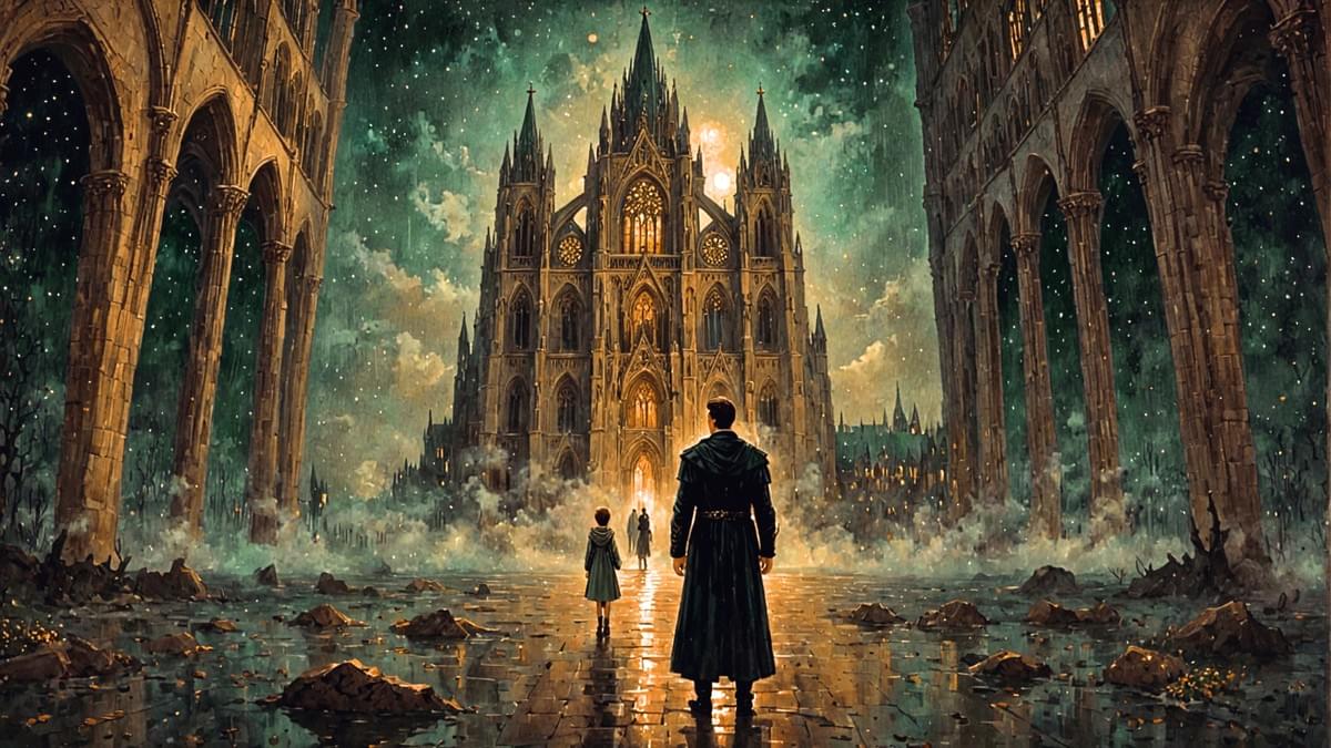 Man in dark cloak leads child through misty Gothic cathedral ruins at night, towering spires glowing green-gold amid ancient arches—evoking mystery.