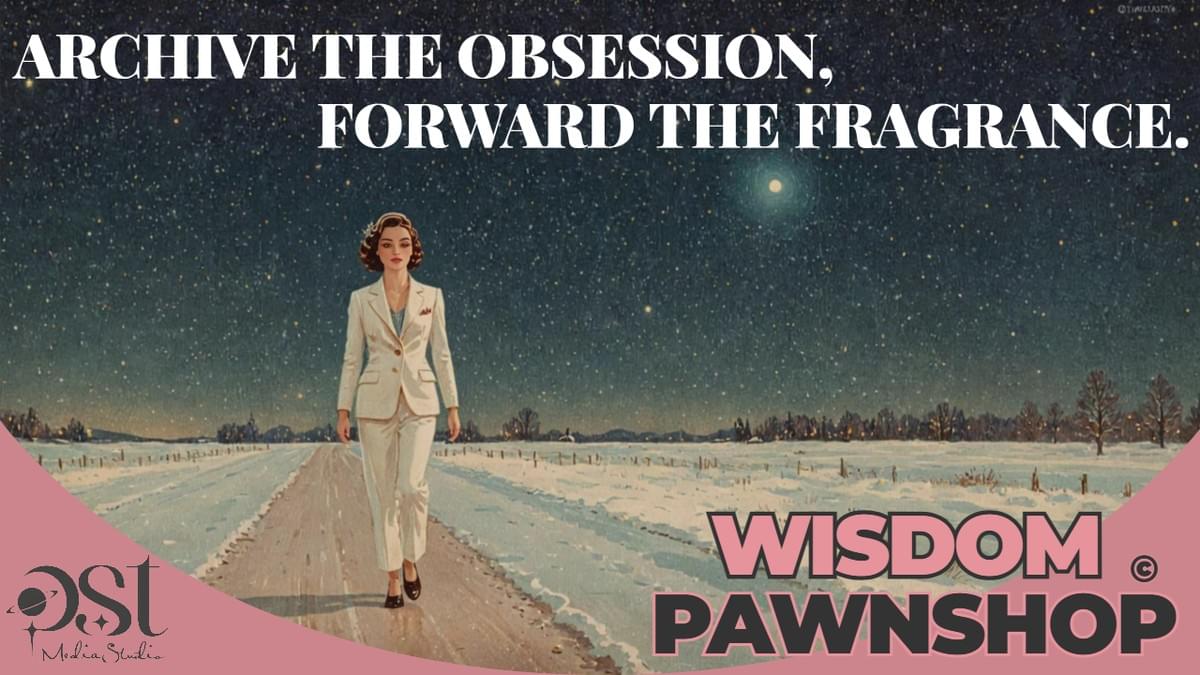 Woman in a white suit walking alone on a snowy road under a starry night sky.