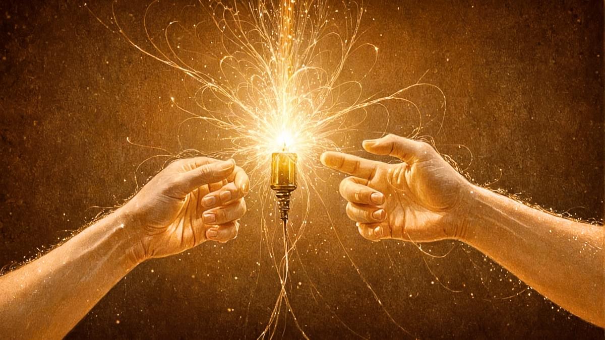 兩手對稱握持燈泡開關，觸發璀璨金黃電光火花迸發，象徵點燃聲譽經濟的信任火種。暖棕色調背景，光芒四射脈動，隱喻2026 B2B暗漏斗中，AI×HI協作策略啟動碎形內容飛輪，驅動影響力與決策資產的永續閃耀。