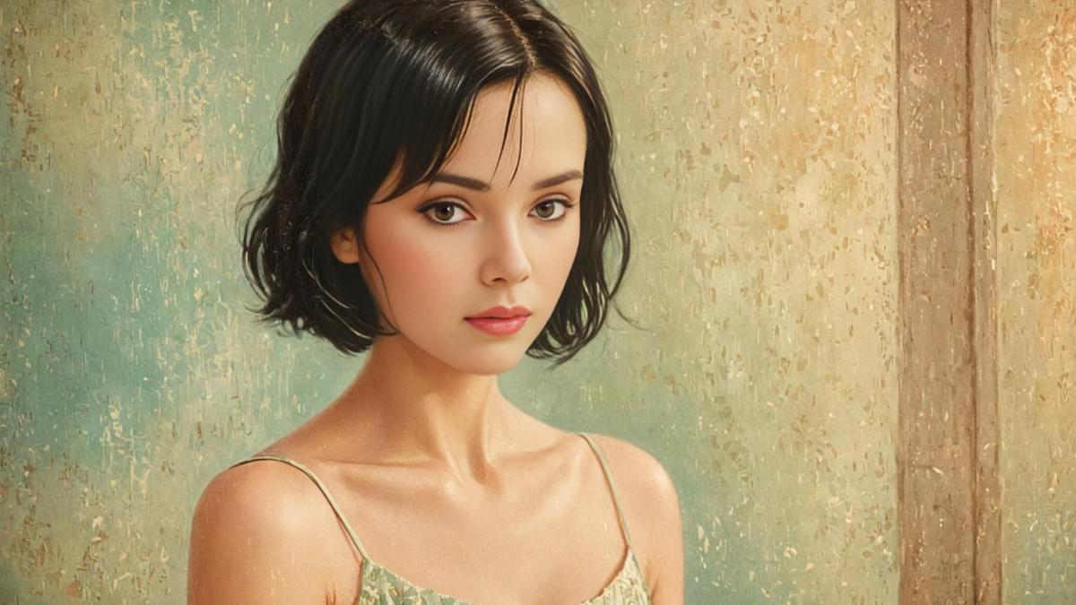 Awoman in translucent silk layers sitting in a sunlit minimalist room.