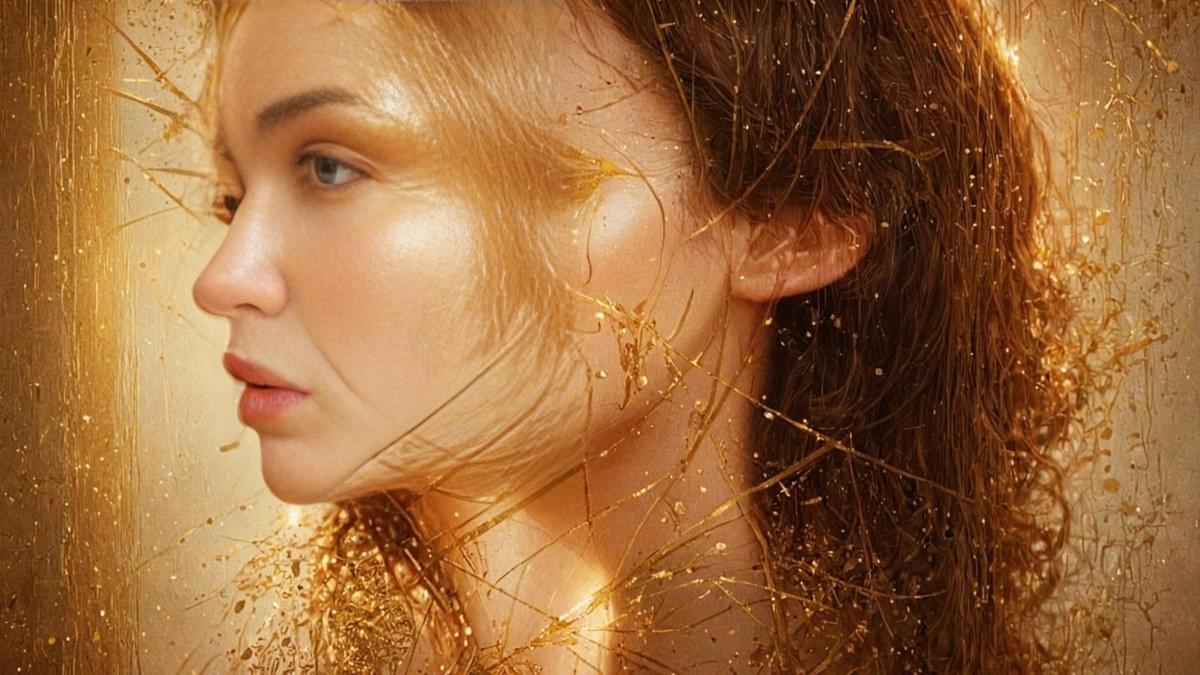 Side profile of an aquiline nose with golden Kintsugi lines on the jaw