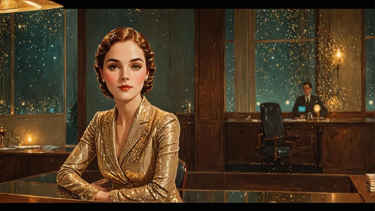 A nighttime glass boardroom with two women facing each other across a table, one sharply dressed, the other in a fluid gown.