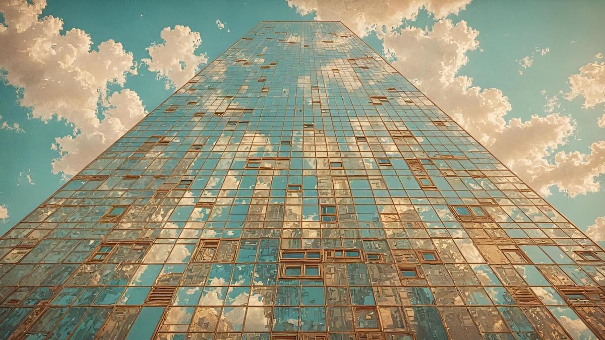 Glass skyscraper reflecting distorted clouds and rusty apartment windows.