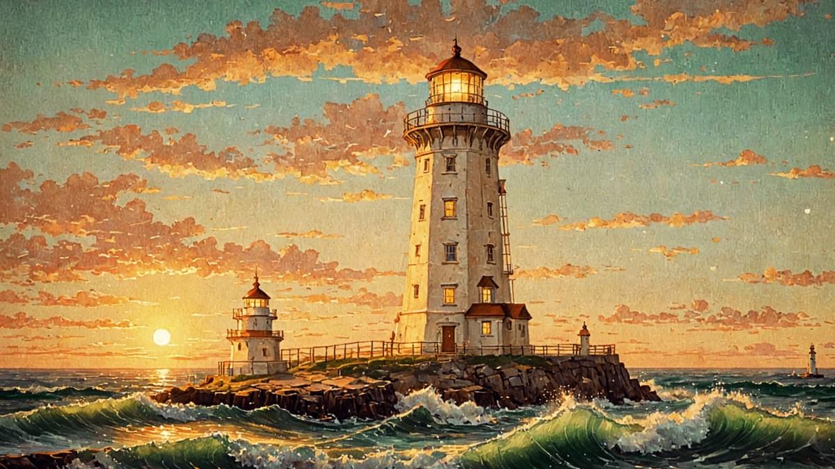 Majestic white lighthouse on rocky isle glows at sunset amid crashing waves, flanked by smaller beacons under orange-pink skies—guiding light in stormy seas.
