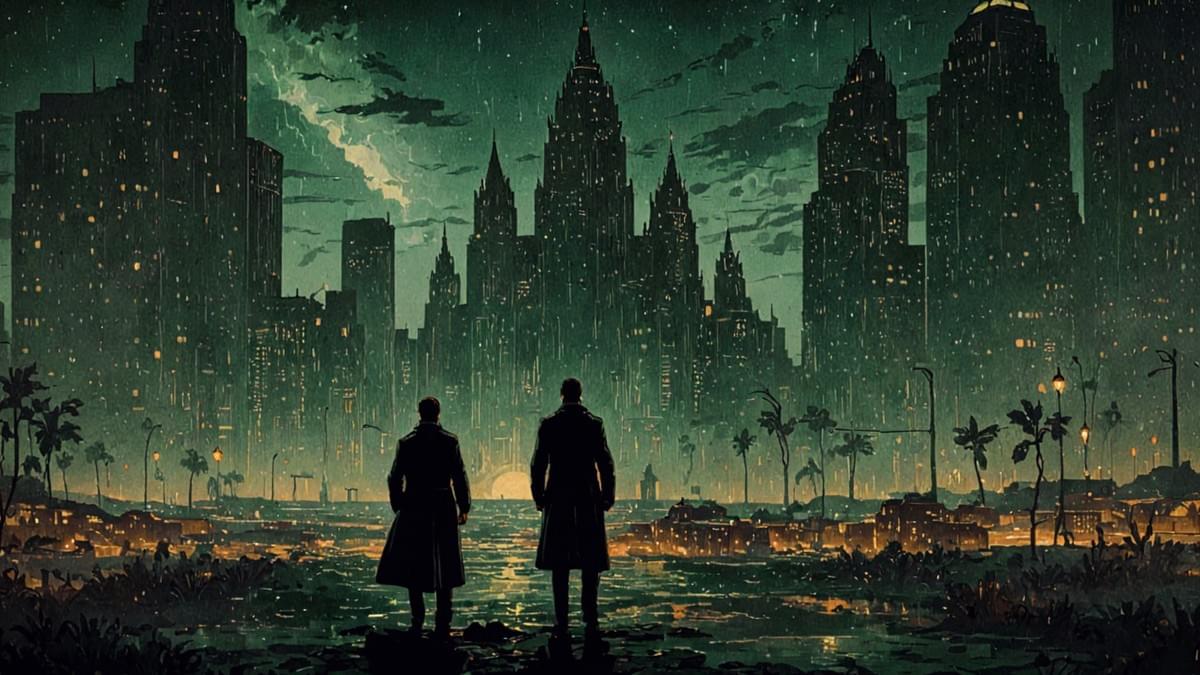 兩位黑衣男子背對矗立，俯瞰綠光幽暗的未來紐約天際線，哥德式大廈與棕櫚交織，銀河劃過夜空，象徵策略夥伴共創永續影響力資產。