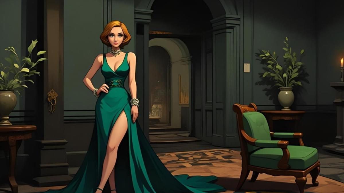 紅髮美女身穿性感綠色長禮服，高開衩與深V領，戴珠寶項鍊手鐲。她優雅站立於古典豪華客廳，綠植蠟燭古董椅點綴，氛圍神秘奢華。