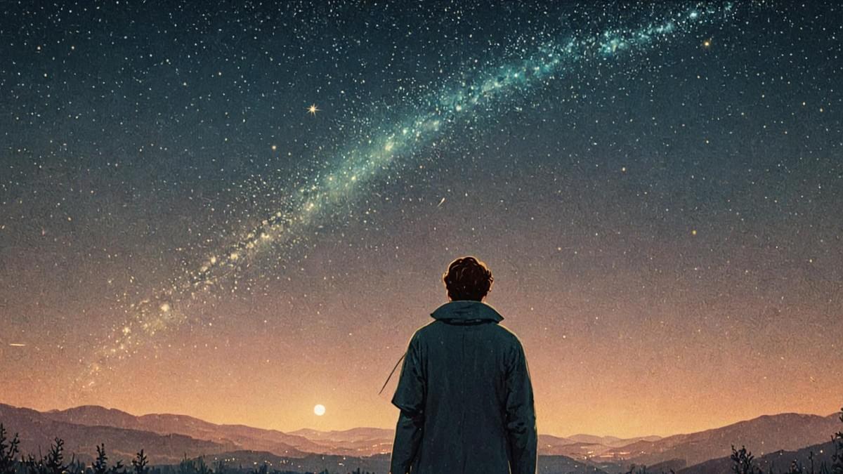 Asilhouette in a billowing coat overlooking a city from a dark legal office.