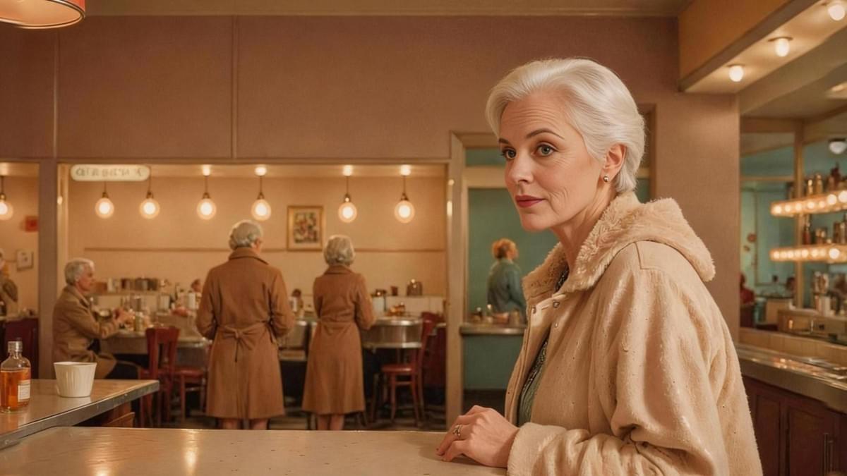 一位銀白短髮的女子站在懷舊風格餐館櫃台前，身穿米色大衣側身望向店內，鏡面裡多位同樣穿風衣的身影在吧台用餐，整個空間瀰漫溫暖卻疏離的氣氛。