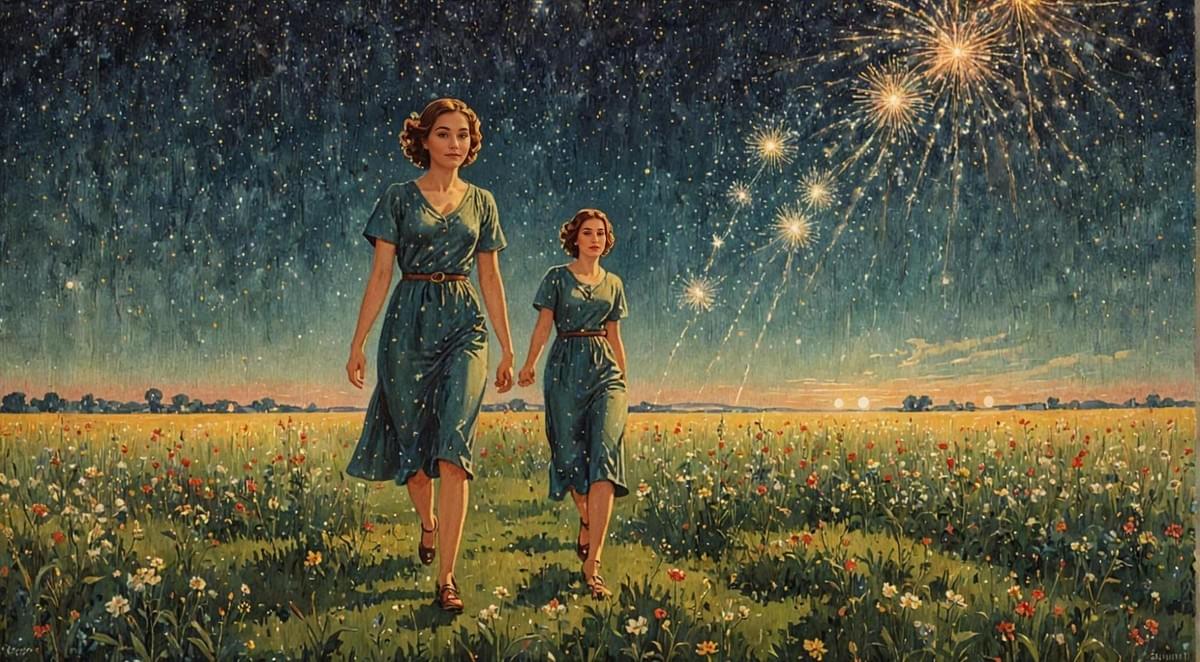 women walk across scorched earth; green shoots rise from her footprints.