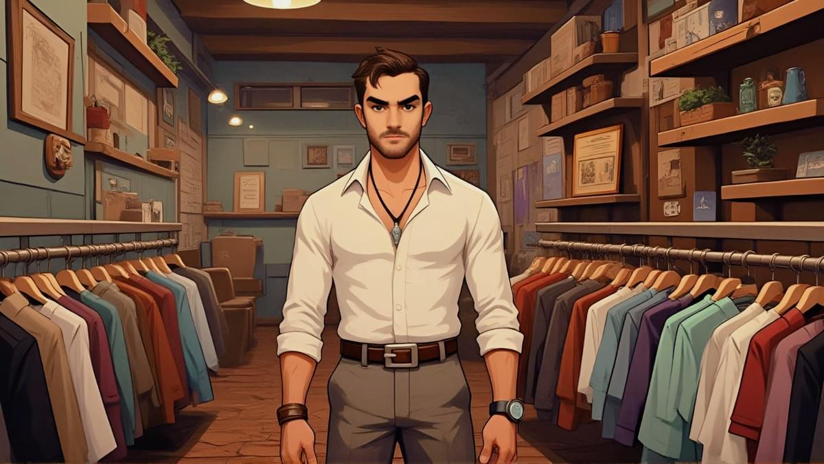 白襯衫男子站古風服飾店中