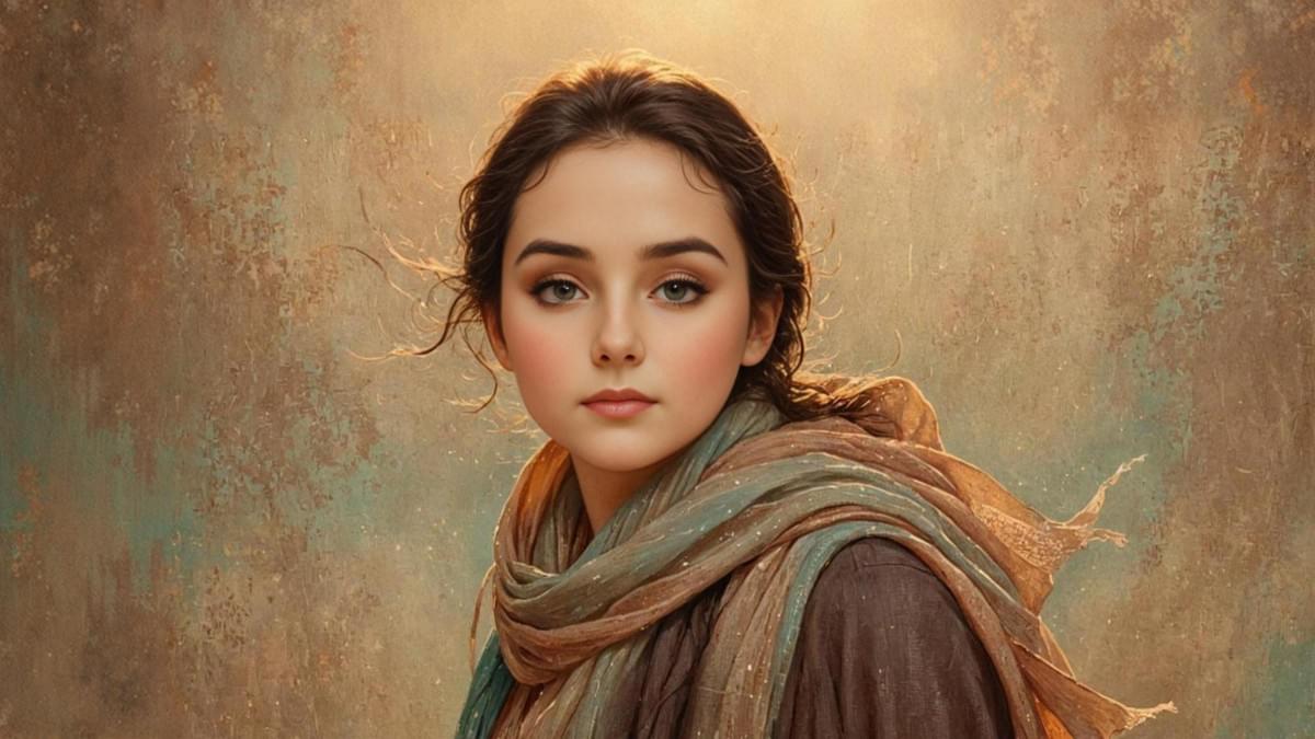 A woman standing firm in aninvisible storm, hair and scarf blown back by the wind.