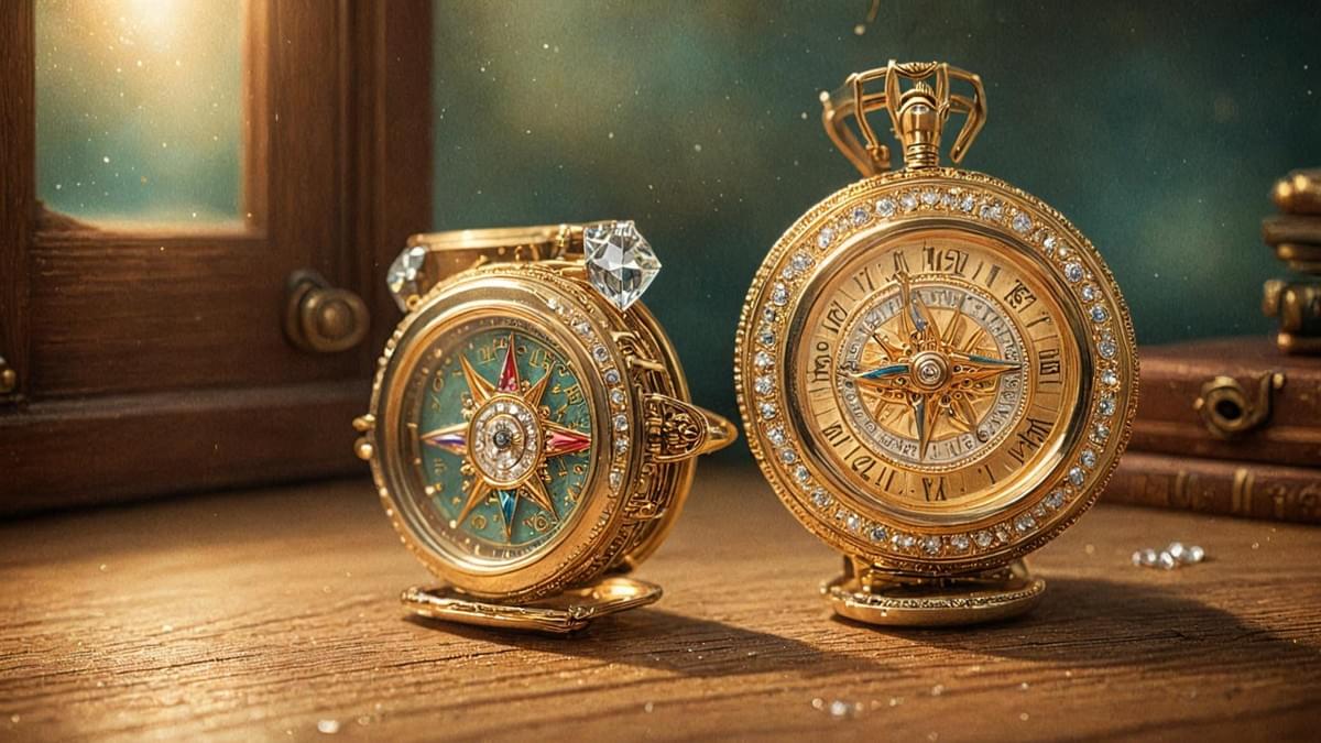 An old clock being exchanged for a glowing gold compass on a counter.