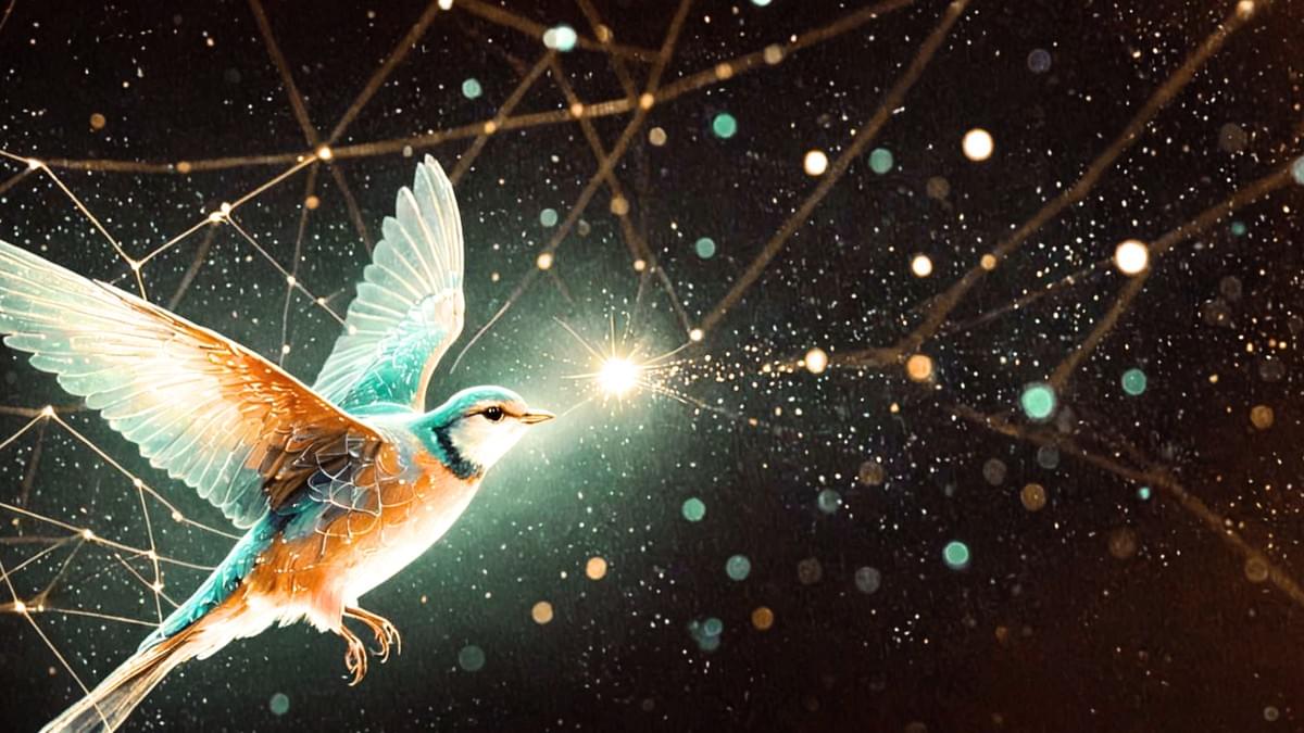Teal-orange bird soars through starry dark sky and golden networks, pecking radiant central light that sparks particles and blue-green glows amid white dots—symbolizing trust and futuristic links.