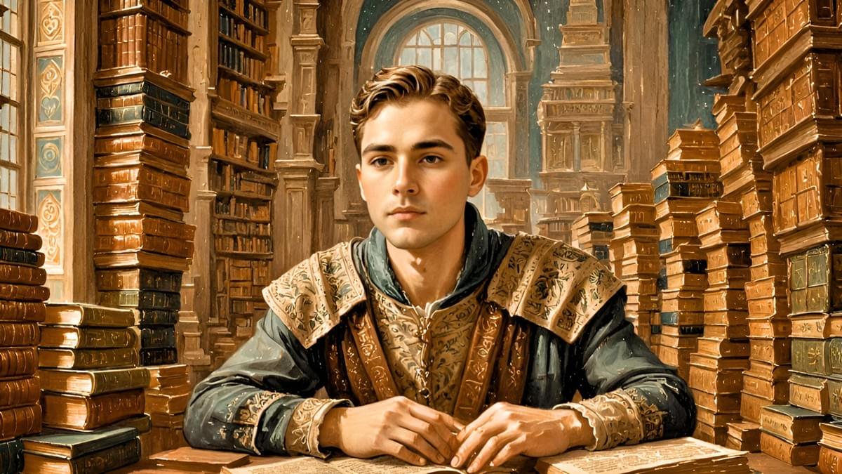 Young man in Renaissance attire sits thoughtfully in grand library stacked with ancient books, arched windows behind, evoking scholarly wisdom. 
