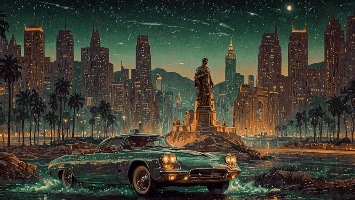 自由女神像屹立熱帶棕櫚與摩天大樓間，綠色經典跑車水邊飛馳，星空映照都市天際線。象徵藝術地標與永續影響力資產。