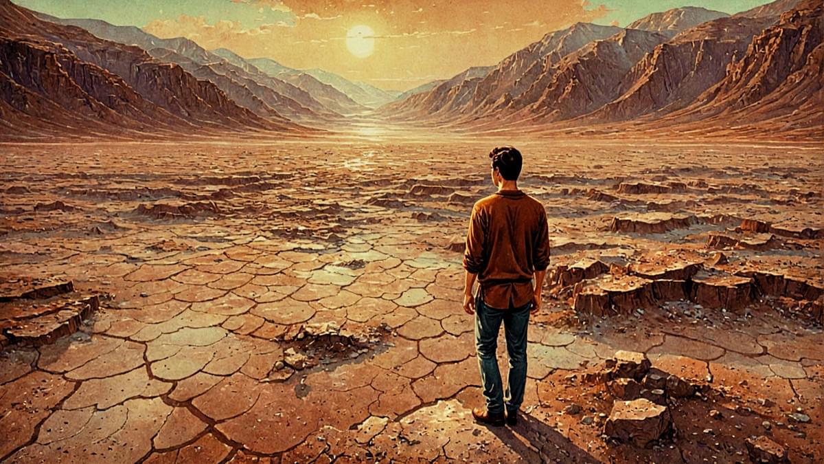 Man in brown jacket stands back-turned in cracked desert expanse at sunset, flanked by towering orange canyons—evoking solitude and vast horizons. 