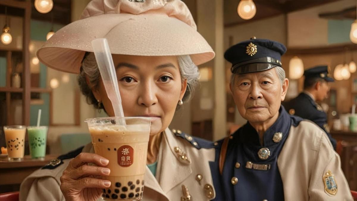 杯身佈滿水滴的珍奶與模糊制服身影