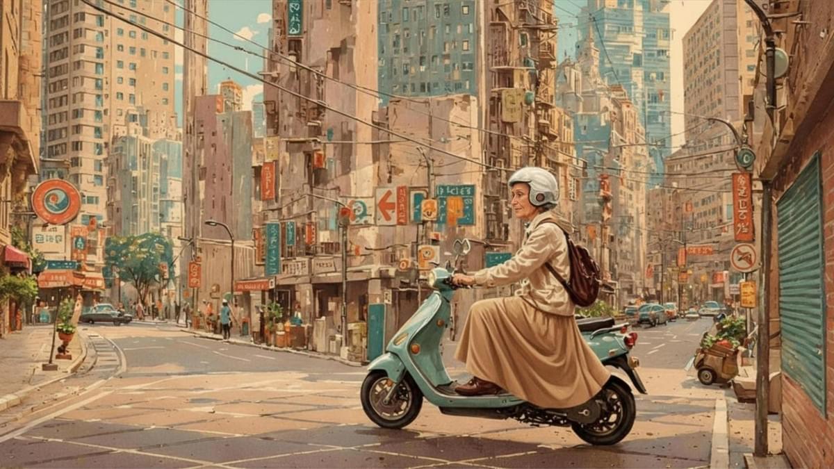 穿著長裙與安全帽的女子騎著淺綠色機車，行經布滿招牌與高樓的台北街頭