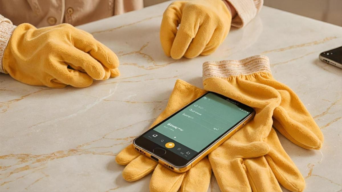 大理石檯面上的黃色清潔手套與模糊筆跡的感熱紙。