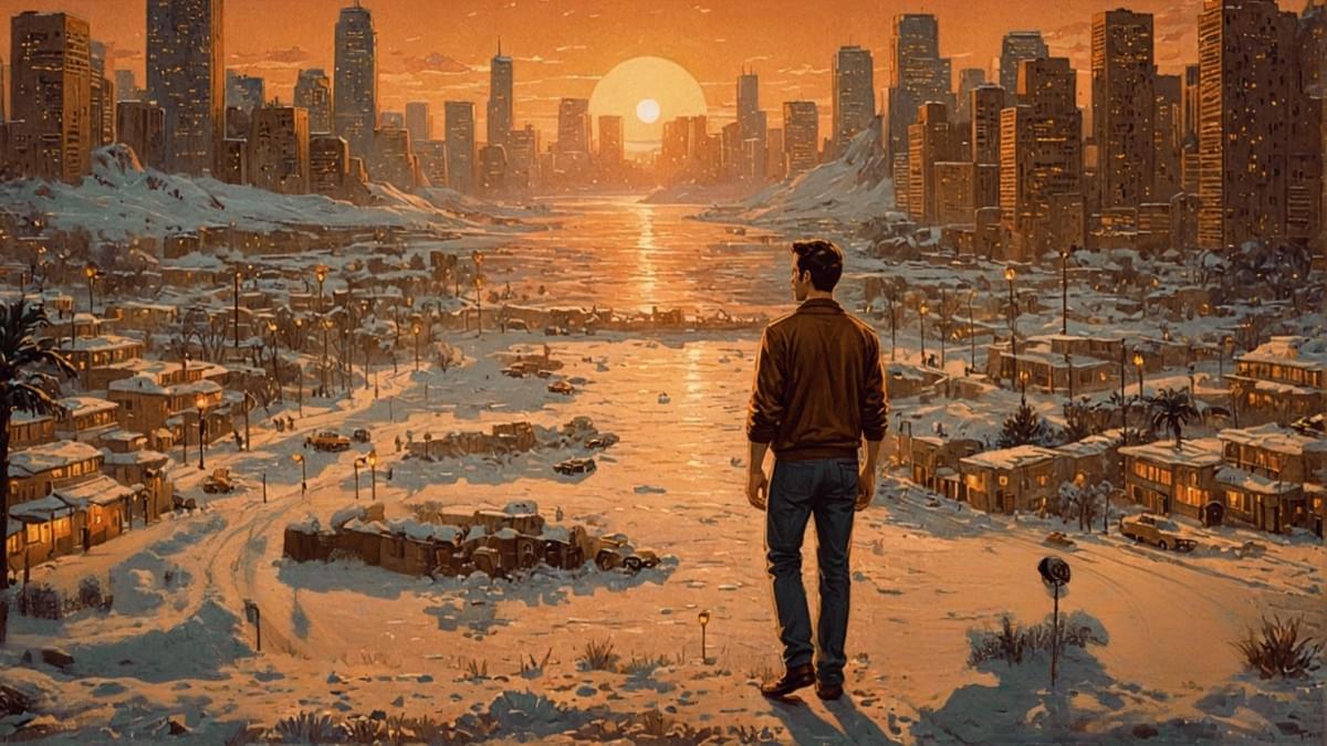 男子背對觀景，俯瞰雪覆都市天際線，日落餘暉映照摩天大樓、棕櫚與河流，營造荒涼卻壯闊的未來景觀，象徵策略視野與個人影響力的沉思時刻。