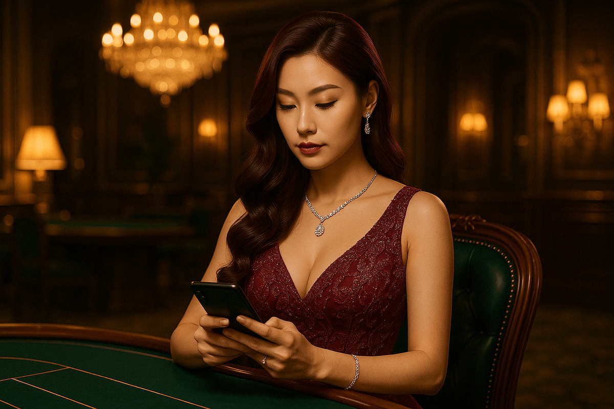 카지노 테이블에서 모바일카지노 게임을 즐기는 여성