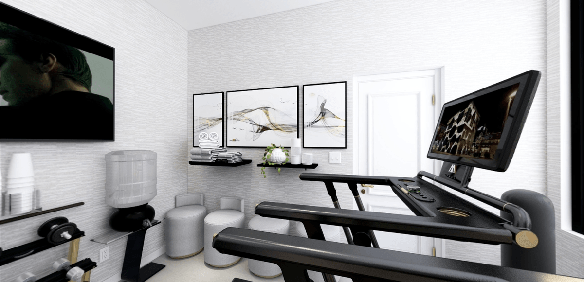 Modern home gym featuring neutral color palette and cozy furnishings.