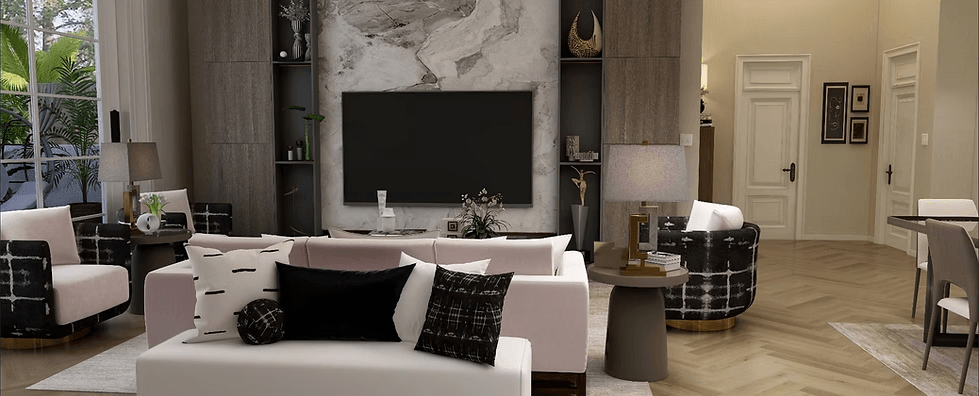 Modern living room featuring neutral color palette of pink and black and cozy furnishings.
