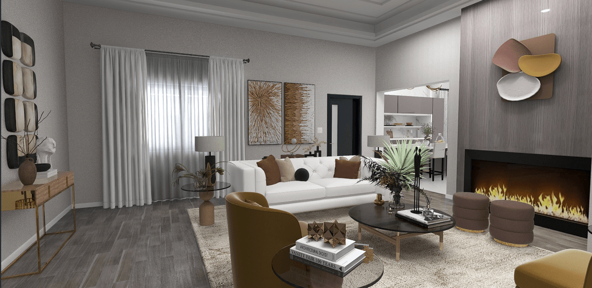 Contemporary Modern living room featuring neutral color palette warm wood tones and cozy furnishings.
