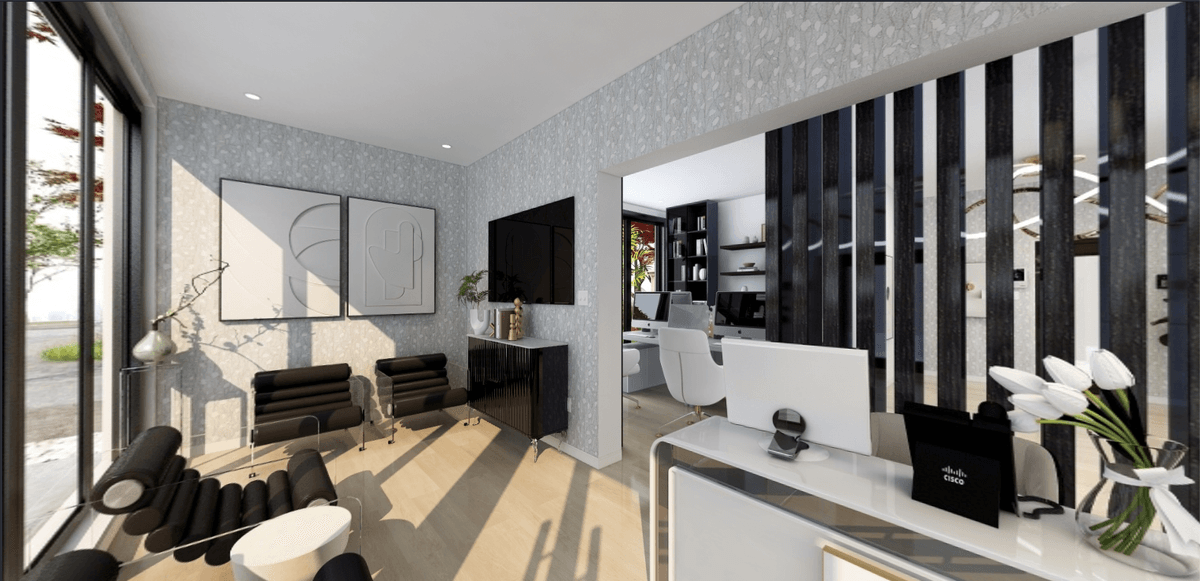 Modern office featuring neutral color palette and cozy furnishings.