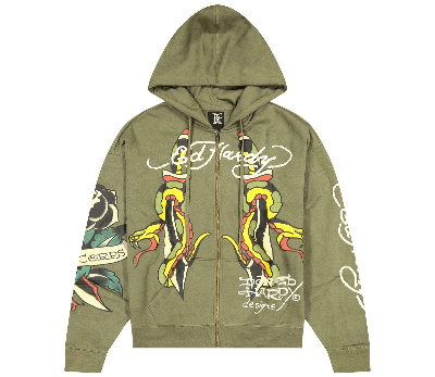 Olive green Ed Hardy zip-up hoodie with a snake and dagger tattoo-style graphic on the front.