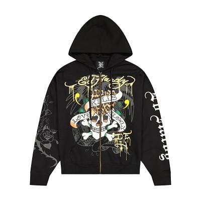 Black zip-up hoodie featuring bold tattoo-inspired skull, wings, and graphic artwork on the front and sleeves.