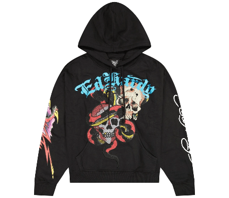 Ed Hardy black hoodie with blue gothic logo, skull and snake tattoo graphic, and eagle sleeve print.