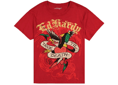 Red Ed Hardy T-shirt with an eagle and heart tattoo-style graphic reading "True Til Death.