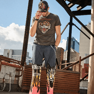 Male model wearing a graphic tiger T-shirt, embroidered pants, and cap against a city rooftop backdrop.