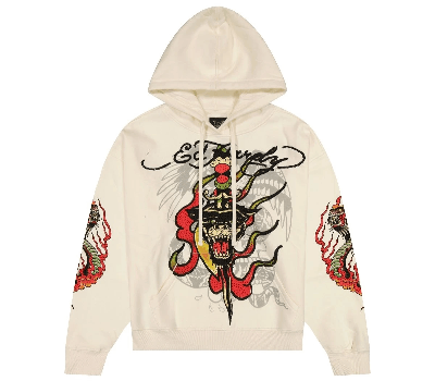 Cream Ed Hardy hoodie with a panther, dagger, and snake tattoo-style graphic on front and sleeves.