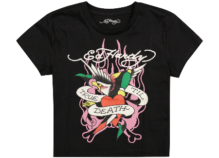 Ed Hardy women's black cropped tee with eagle, heart, and "True 'Til Death" tattoo graphic.