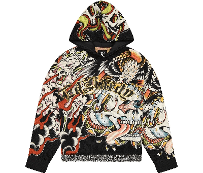 Black and cream Ed Hardy hoodie with a colorful eagle, skull, and snake tattoo-style graphic and fringe hem.