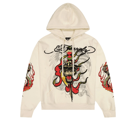 Cream Ed Hardy hoodie with bold tiger and dragon graphic print on front and sleeves.