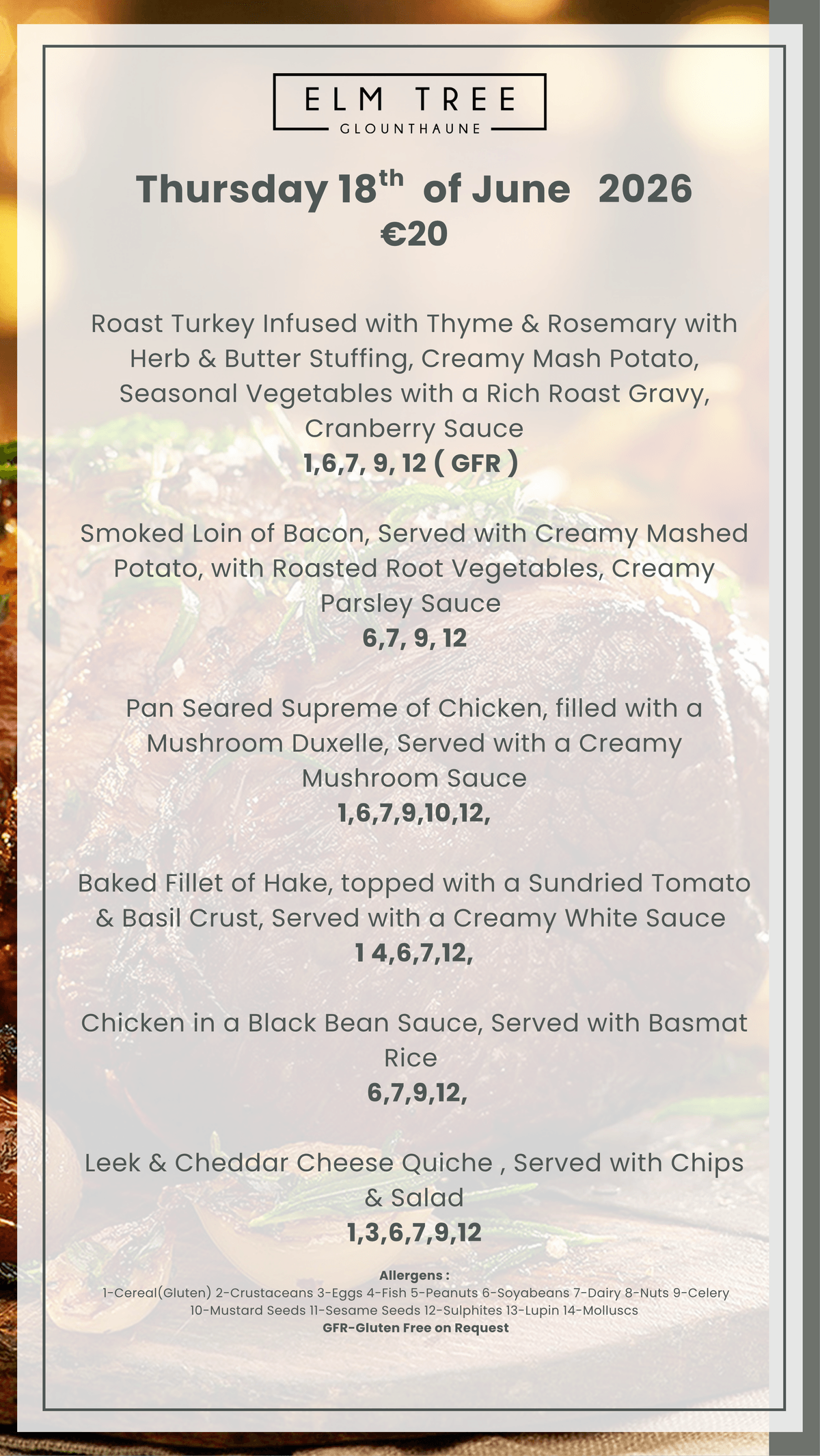 Thursday 18th  of June Carvery Menu 