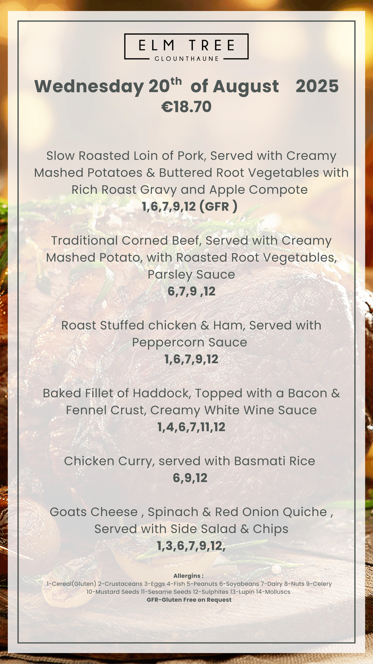 Wednesday 20th  of August  Carvery Menu