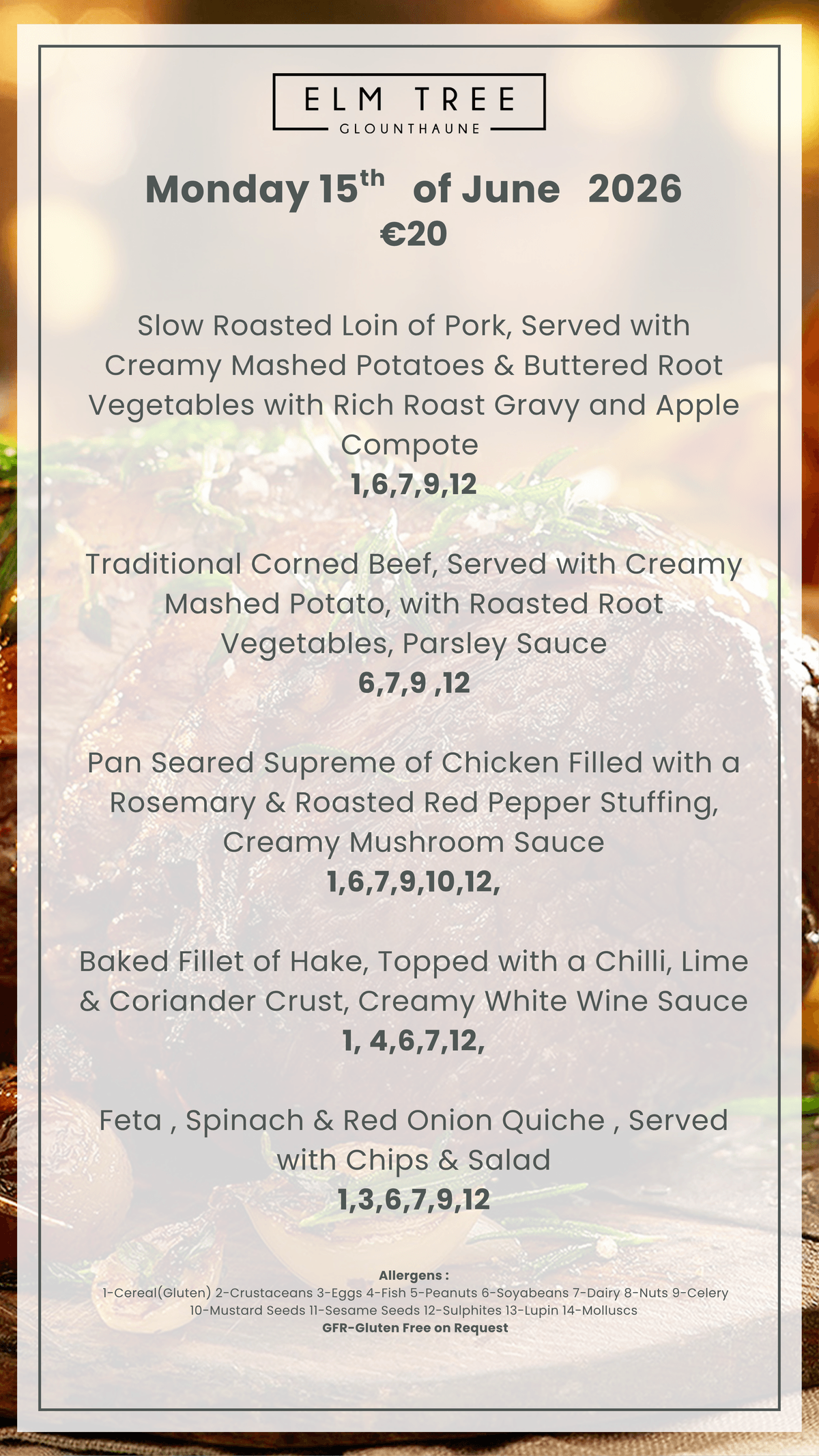Monday 15th of June Carvery Menu 